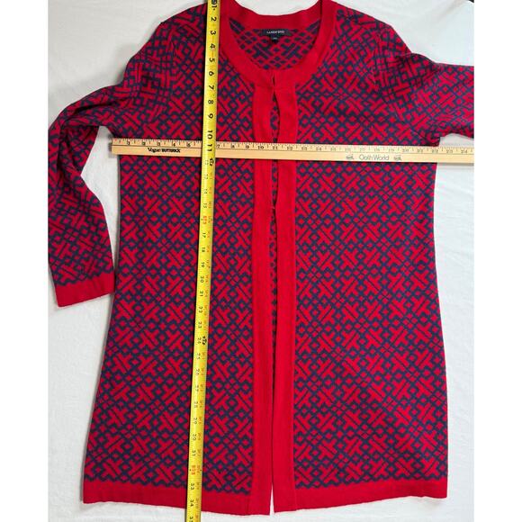 Lands End Red Navy Geometric Long Open Front Cardigan 14W/0X - Picture 2 of 12